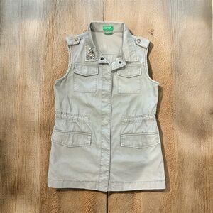 United Colors of Bennetton Army Green Utility Vest jeweled Collar S 100% cotton